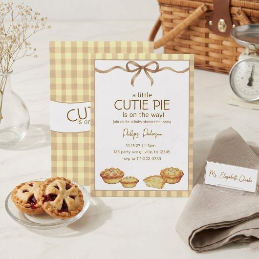 Invitation Fête de Bébé Cutie Pie avec Ruban Gingham Neutre