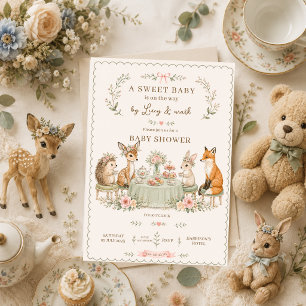 Invitation Fête de bébé dans les bois avec thé floral et anim