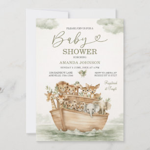 Invitation Fête de bébé de l'Arche de Noé au vert sauge aquar