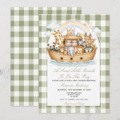 Invitation Fête de bébé de l'Arche de Noé Vert Sauge (Devant / Derrière)
