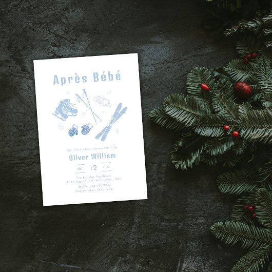 Invitation Fête de bébé d'hiver bleu pastel Après Bébé Ski  
