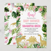 Invitation Fête de Bébé Dinosaure en Or Rose (Devant / Derrière)