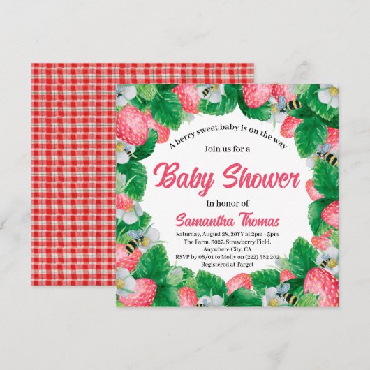 Invitation Fête de bébé douce aux fraises à l'aquarelle (Devant / Derrière)