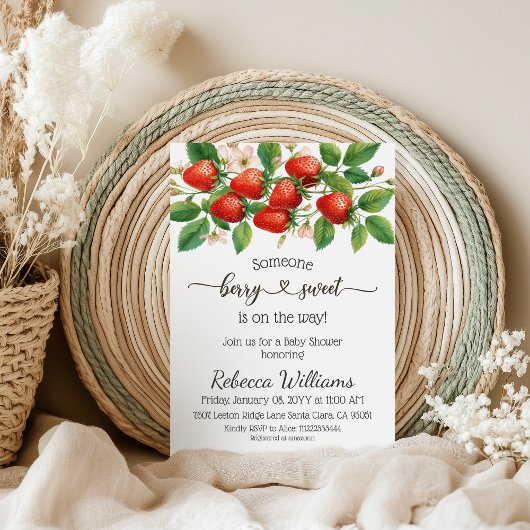 Invitation Fête de bébé Douce Baie de Fraise Rustique Rouge