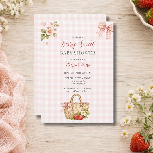 Invitation Fête de bébé douce baie en vichy rose