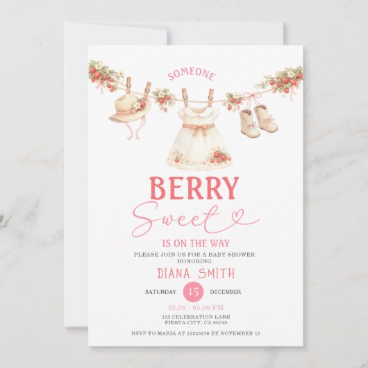 Invitation Fête de bébé douce ligne de fraises  (Devant)