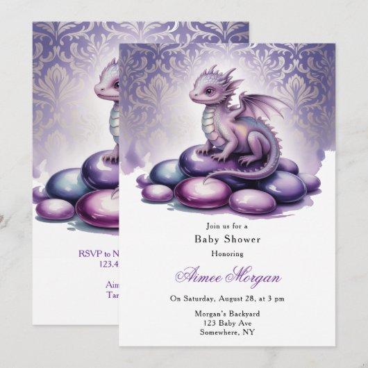 Invitation Fête de Bébé du Dragon Magique Violet (Devant / Derrière)