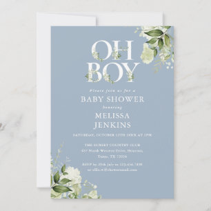 Invitation Fête de bébé Dusty Blue Oh Boy Greenery Tout En Un