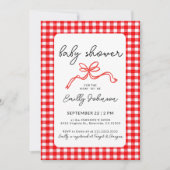 Invitation Fête de bébé écriture joli nœud gingham rouge (Devant)