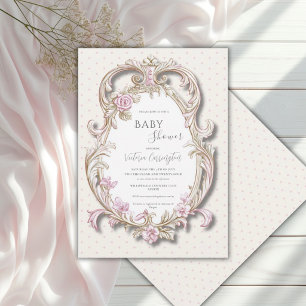 Invitation Fête de bébé élégante cadre doré floral rose