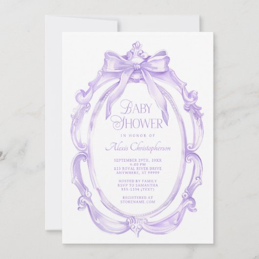 Invitation Fête de bébé élégante cadre + nœud violet (Devant)