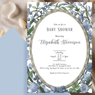 Invitation Fête de bébé élégante poussiéreuse bleue botanique