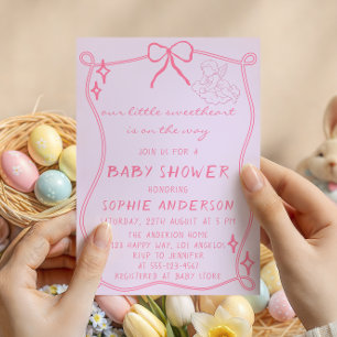 Invitation Fête de Bébé Élégante Ruban Rose Vintage