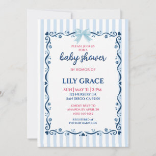 Invitation Fête de Bébé : Élégantes Rayures Bleues & Nœud en