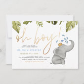 Invitation Fête de Bébé Éléphant Aquarelle Oh Garçon (Devant)