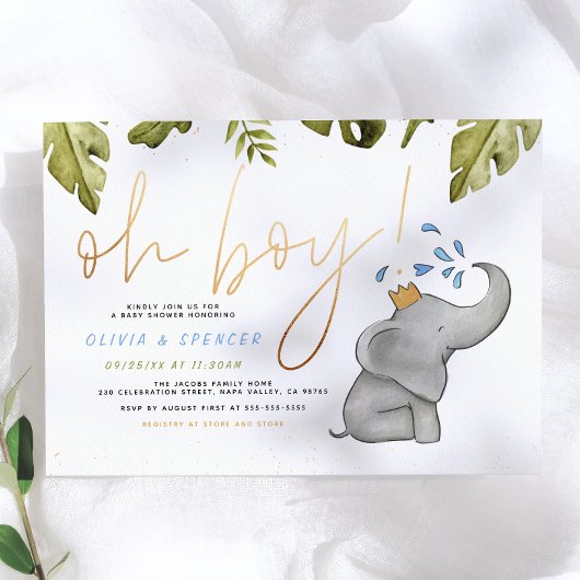 Invitation Fête de Bébé Éléphant Aquarelle Oh Garçon