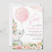 Invitation Fête de bébé éléphant floral rose (Devant)
