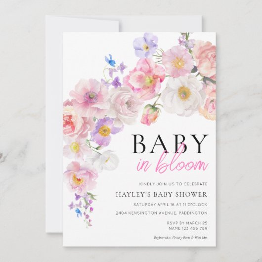 Invitation Fête de bébé Eloise Fleurs roses bébé en fleurs (Devant)