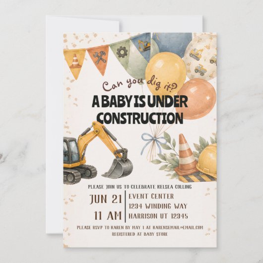 Invitation Fête de Bébé en Construction Dig It (Devant)
