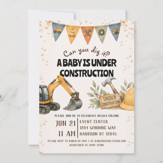 Invitation Fête de Bébé en Construction Dig It (Devant)