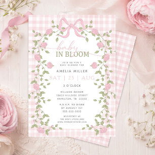 Invitation Fête de bébé en fleurs à carreaux roses