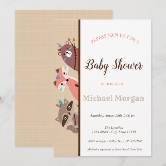 Invitation Fête de bébé en forêt Animaux de la forêt (Devant / Derrière)