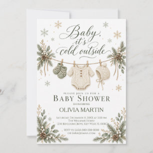 Invitation Fête de bébé en hiver Tricotée sur un fil à linge
