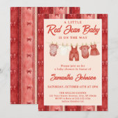 Invitation Fête de bébé en Jean Rouge (Devant / Derrière)