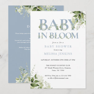Invitation Fête de bébé en pleine floraison Bleu et verdure T