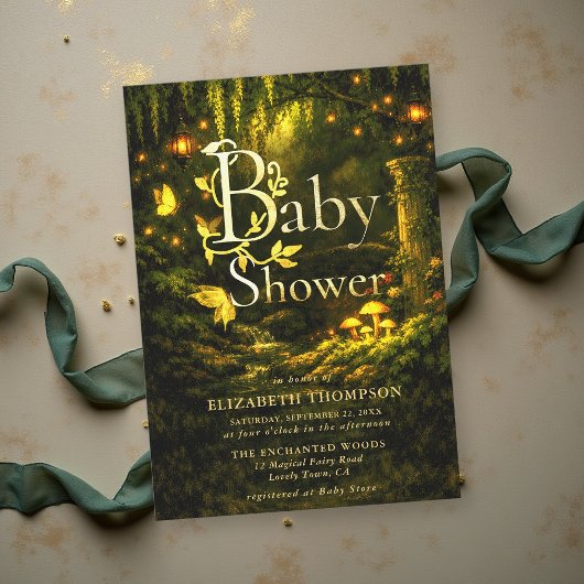 Invitation Fête de bébé enchantée de conte de fées en forêt