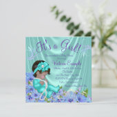 Invitation Fête de bébé ethnique fleurs violet et sarcelle Ba (Debout devant)