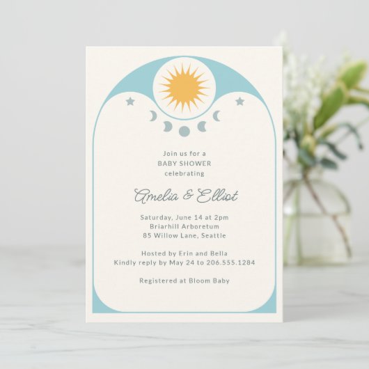 Invitation Fête de bébé étoile lune céleste moderne Bleu doux (Debout devant)