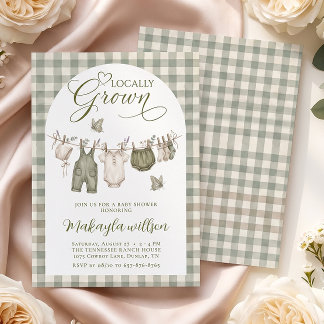 Invitation Fête de Bébé Ferme à Carreaux Vert Sauge Cultivé L