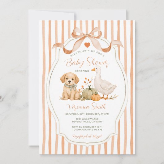 Invitation Fête de Bébé Ferme de Canard Chiot Citrouille Arc (Devant)