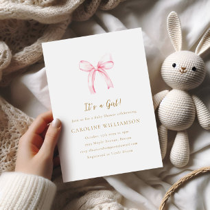 Invitation Fête de Bébé Fille à l'aquarelle Rose Ruban Mignon