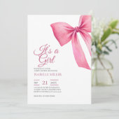 Invitation Fête de bébé fille à ruban rose (Debout devant)