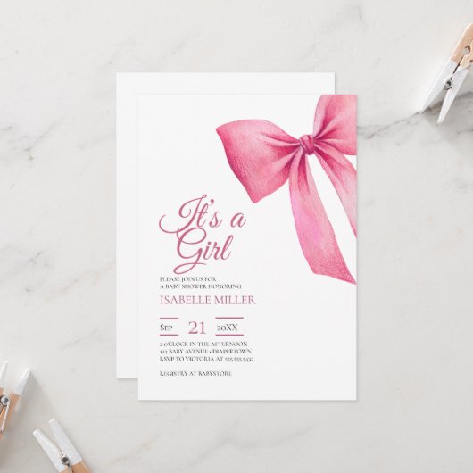 Invitation Fête de bébé fille à ruban rose (Devant/Arrière en situation)