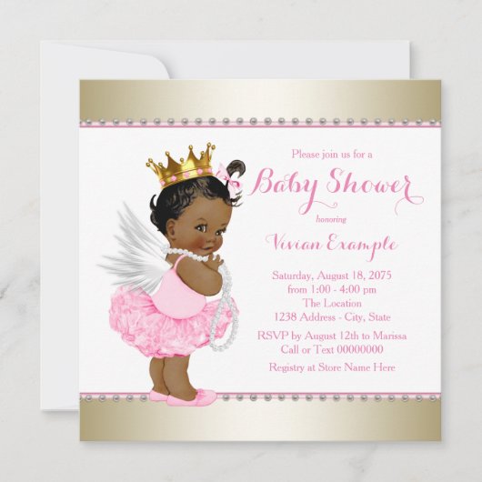 Invitation Fête de Bébé Fille Ange en Or Rose (Devant)