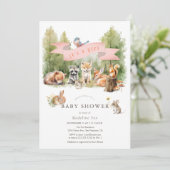 Invitation Fête de Bébé Fille Animaux de la Forêt (Debout devant)