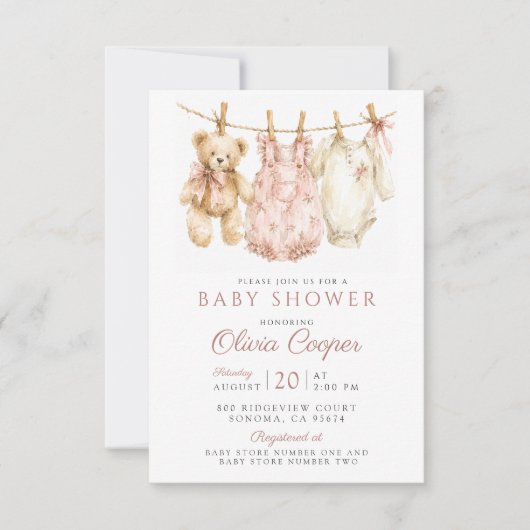 Invitation Fête de Bébé Fille Aquarelle Rose (Devant)