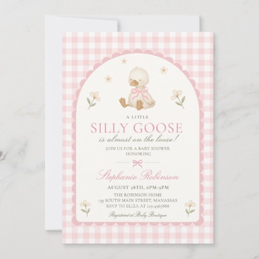 Invitation Fête de Bébé Fille Arc Rose Gingham Silly Goose (Devant)