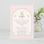 Invitation Fête de Bébé Fille Arc Rose Gingham Silly Goose (Debout devant)