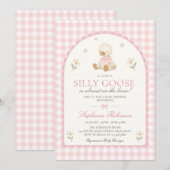 Invitation Fête de Bébé Fille Arc Rose Gingham Silly Goose (Devant / Derrière)