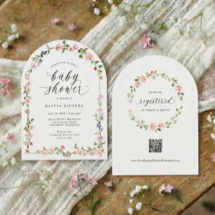 Invitation Fête de Bébé Fille Arche Florale Aquarelle Rose