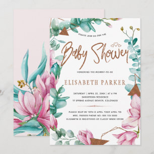 Invitation Fête de bébé fille au cuivre et aquarelle rose mag