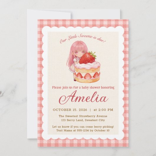 Invitation Fête de Bébé Fille au thème de Fraise Douce Aquare (Devant)