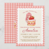 Invitation Fête de Bébé Fille au thème de Fraise Douce Aquare (Devant / Derrière)