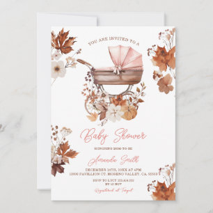 Invitation Fête de bébé fille automne rétro poussette citroui