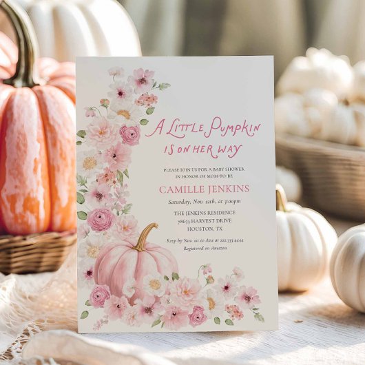 Invitation Fête de bébé fille aux fleurs de citrouille rose