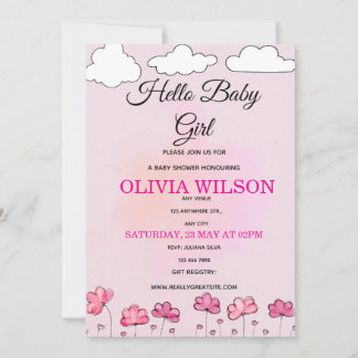 Invitation Fête de bébé fille aux nuages et fleurs aquarelle